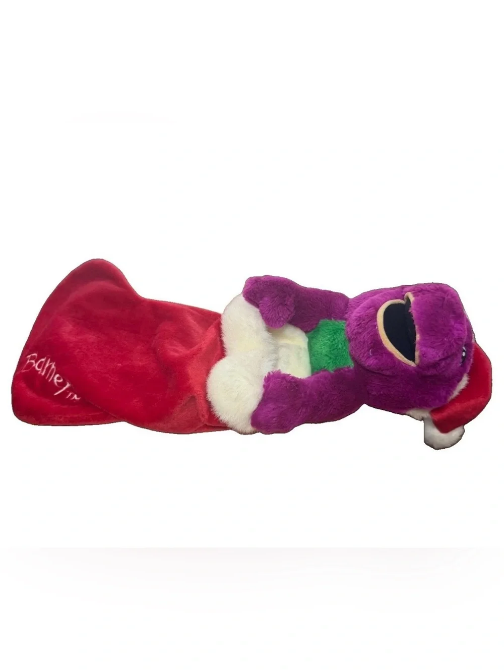 Barney Holiday Plush with Santa Hat and Red Stocking